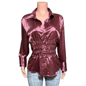 ReneeLamor Women long sleeve button up rose polyester shirt XL